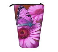 LHBWCVN Flower purple butterfly Cosmetics Bag Standing Pencil Case Telescopic Pencil Bag Portable Pencil Holder Cute Stand up Pencil Pouch for Women Men Travel Coin Pouch Purse