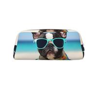 LHBWCVN french bulldog summer Pencil Case Large Capacity Pencil Pouch Aesthetic Pen Bag Leather Makeup Bag for Women Men Travel Toiletry Bags Zipper Cosmetic Bag Wide-open Coin Pouch Purse, Silver