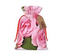 LHBWCVN - Fresh Red Roses Drawstring Christmas Gift Bags with Tags, Christmas Gift Bags with Red Christmas Ribbon, Reusable Fabric Gift Bag, Gift Bags