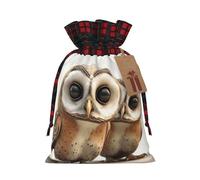 LHBWCVN Funny Owl Christmas Drawstring Gift Bags with Tags, Buffalo Plaid Xmas Gift Bags Reusable Gift Wrapping Bag Christmas Fabric Goody Gift Sacks for Party Presents Decorations