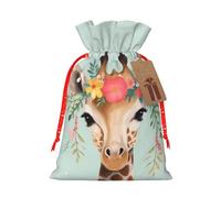 LHBWCVN Giraffe with Floral Christmas Drawstring Gift Bags with Tags, Xmas Gift Bags with Red Christmas Ribbon, Reusable Gift Wrapping Bag Fabric Goody Gift Sacks for Party Presents Decorations