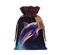 LHBWCVN glitter dolphin Christmas Drawstring Gift Bags with Tags, Buffalo Plaid Xmas Gift Bags Reusable Gift Wrapping Bag Christmas Fabric Goody Gift Sacks for Party Presents Decorations