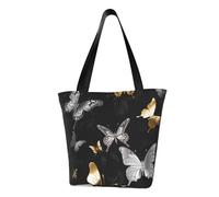 LHBWCVN Gold White Butterflies Black Tote Bag for Women Top-Handle Purse Large Shoulder Hobo Bags Casual Handbags Aesthetic Shopping Bag Reusable Grocery Bag Zipper Work Bag Travel Beach Bag