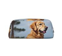 LHBWCVN Golden Retriever Pencil Case Large Capacity Pencil Pouch Aesthetic Pen Bag Leather Makeup Bag for Women Men Travel Toiletry Bags Zipper Cosmetic Bag Wide-open Coin Pouch Purse, Gold, One size