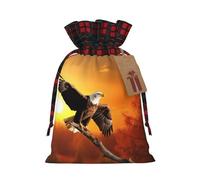 LHBWCVN Golden Sunset Bald Eagle Christmas Drawstring Gift Bags with Tags, Buffalo Plaid Xmas Gift Bags Reusable Gift Wrapping Bag Christmas Fabric Goody Gift Sacks for Party Presents Decorations