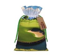LHBWCVN Golf Course Christmas Drawstring Gift Bags with Tags, Xmas Gift Bags with Green Christmas Ribbon, Reusable Gift Wrapping Bag Fabric Goody Gift Sacks for Party Presents Decorations