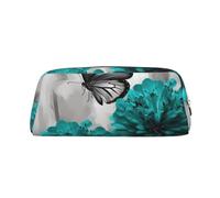 LHBWCVN Gray Teal Flower Butterfly Pencil Case Large Capacity Pencil Pouch Aesthetic Pen Bag Leather Makeup Bag for Women Men Travel Toiletry Bags Zipper Cosmetic Bag Wide-open Coin Pouch Purse