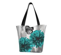 LHBWCVN Gray Teal Flower Butterfly Tote Bag for Women Top-Handle Purse Large Shoulder Hobo Bags Casual Handbags Aesthetic Shopping Bag Reusable Grocery Bags Zipper