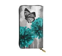 Lhbwcvn Gray Teal Flower Butterfly Wallet For Women Men Clutch Rfid Blocking Leather Wallets Large Capacity Purse Credit Card Holder Money Case With Zipper Phone Holder Long Travel Purse, Black, One