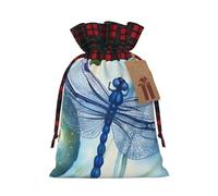 LHBWCVN Hand painted blue dragonfly Christmas Drawstring Gift Bags with Tags, Buffalo Plaid Xmas Gift Bags Reusable Gift Wrapping Bag Christmas Fabric Goody Gift Sacks for Party Presents Decorations