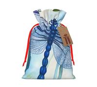 LHBWCVN Hand painted blue dragonfly Christmas Drawstring Gift Bags with Tags, Xmas Gift Bags with Red Ribbon, Reusable Gift Wrapping Bag Fabric Goody Gift Sacks for Party Presents Decorations