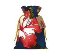 LHBWCVN Hawaii Flower Red Christmas Drawstring Gift Bags with Tags, Xmas Gift Bags with Yellow Christmas Ribbon, Reusable Gift Wrapping Bag Fabric Goody Gift Sacks for Party Presents Decorations