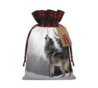 LHBWCVN howling wolf Christmas Drawstring Gift Bags with Tags, Buffalo Plaid Xmas Gift Bags Reusable Gift Wrapping Bag Christmas Fabric Goody Gift Sacks for Party Presents Decorations