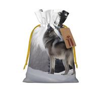 LHBWCVN howling wolf Christmas Drawstring Gift Bags with Tags, Xmas Gift Bags with Yellow Christmas Ribbon, Reusable Gift Wrapping Bag Fabric Goody Gift Sacks for Party Presents Decorations