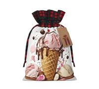 LHBWCVN Ice Cream Christmas Drawstring Gift Bags with Tags, Buffalo Plaid Xmas Gift Bags Reusable Gift Wrapping Bag Christmas Fabric Goody Gift Sacks for Party Presents Decorations