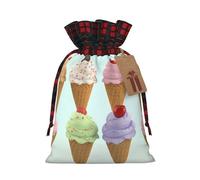 LHBWCVN Ice Cream Cones Christmas Drawstring Gift Bags with Tags, Buffalo Plaid Xmas Gift Bags Reusable Gift Wrapping Bag Christmas Fabric Goody Gift Sacks for Party Presents Decorations