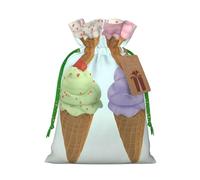 LHBWCVN Ice Cream Cones Christmas Drawstring Gift Bags with Tags, Xmas Gift Bags with Green Christmas Ribbon, Reusable Gift Wrapping Bag Fabric Goody Gift Sacks for Party Presents Decorations