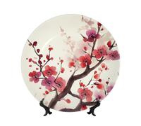 LHBWCVN Japanese Spring Plum Floral Ceramic Decorative Plates 6in Personalized Bone China Decorative Plate with Display Stand Ceramic Dinner Plate Ornaments Wall Hanging Decoration for Home Decor