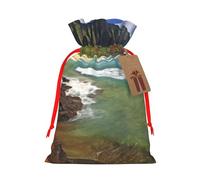 LHBWCVN Kauai Hawaii Seashore Christmas Gift Bags Drawstring Bags with Tags, Christmas Gift Bags with Red Ribbon, Reusable Bag for Wrapping Party Favors, Decorations