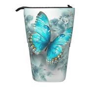 LHBWCVN Light Blue Butterfly Cosmetics Bag Standing Pencil Case Telescopic Pencil Bag Portable Pencil Holder Cute Stand up Pencil Pouch for Women Men Travel Coin Pouch Purse