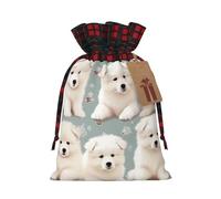 LHBWCVN Little White Dogs Pattern Christmas Drawstring Gift Bags with Tags, Buffalo Plaid Xmas Gift Bags Reusable Gift Wrapping Bag Christmas Fabric Goody Gift Sacks for Party Presents Decorations