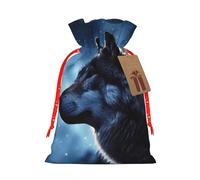 LHBWCVN lonely wolf Christmas Drawstring Gift Bags with Tags, Xmas Gift Bags with Red Christmas Ribbon, Reusable Gift Wrapping Bag Fabric Goody Gift Sacks for Party Presents Decorations