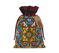 LHBWCVN Mexican Ceramic Tile Christmas Drawstring Gift Bags with Tags, Buffalo Plaid Xmas Gift Bags Reusable Gift Wrapping Bag Christmas Fabric Goody Gift Sacks for Party Presents Decorations