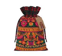 LHBWCVN Mexican Folk Art Boho Christmas Drawstring Gift Bags with Tags, Buffalo Plaid Xmas Gift Bags Reusable Gift Wrapping Bag Christmas Fabric Goody Gift Sacks for Party Presents Decorations