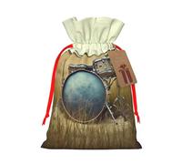 LHBWCVN Music Drum in Field Christmas Drawstring Gift Bags with Tags, Xmas Gift Bags with Red Ribbon, Reusable Gift Wrapping Bag Fabric Goody Gift Sacks for Party Presents Decorations