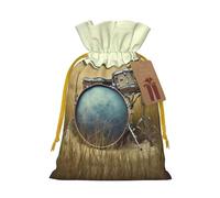 LHBWCVN Music Drum in Field Christmas Drawstring Gift Bags with Tags, Xmas Gift Bags with Yellow Christmas Ribbon, Reusable Gift Wrapping Bag Fabric Goody Gift Sacks for Party Presents Decorations