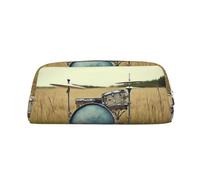 LHBWCVN Music Drum in Field Pencil Case Large Capacity Pencil Pouch Aesthetic Pen Bag Leather Makeup Bag for Women Men Travel Toiletry Bags Zipper Cosmetic Bag Wide-open Coin Pouch Purse, Silver, One