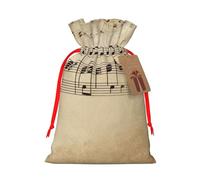 LHBWCVN Music Notes on Old Paper Christmas Drawstring Gift Bags with Tags, Xmas Gift Bags with Red Ribbon, Reusable Gift Wrapping Bag Fabric Goody Gift Sacks for Party Presents Decorations