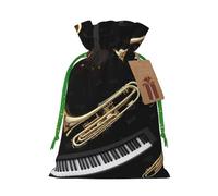LHBWCVN Musical Instruments Christmas Drawstring Gift Bags with Tags, Xmas Gift Bags with Green Christmas Ribbon, Reusable Gift Wrapping Bag Fabric Goody Gift Sacks for Party Presents Decorations
