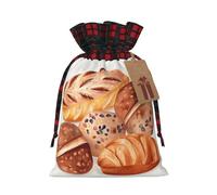 LHBWCVN Painted Bread Christmas Drawstring Gift Bags with Tags, Buffalo Plaid Xmas Gift Bags Reusable Gift Wrapping Bag Christmas Fabric Goody Gift Sacks for Party Presents Decorations