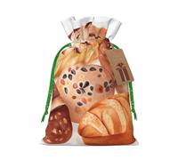 LHBWCVN Painted Bread Christmas Drawstring Gift Bags with Tags, Xmas Gift Bags with Green Christmas Ribbon, Reusable Gift Wrapping Bag Fabric Goody Gift Sacks for Party Presents Decorations