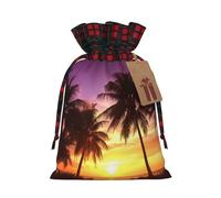LHBWCVN Palm Trees at Sunset Christmas Drawstring Gift Bags with Tags, Buffalo Plaid Xmas Gift Bags Reusable Gift Wrapping Bag Christmas Fabric Goody Gift Sacks for Party Presents Decorations