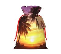 LHBWCVN Palm Trees at Sunset Christmas Drawstring Gift Bags with Tags, Xmas Gift Bags with Red Christmas Ribbon, Reusable Gift Wrapping Bag Fabric Goody Gift Sacks for Party Presents Decorations