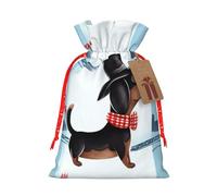 LHBWCVN Parisian Dachshund Christmas Drawstring Gift Bags with Tags, Xmas Gift Bags with Red Christmas Ribbon, Reusable Gift Wrapping Bag Fabric Goody Gift Sacks for Party Presents Decorations