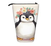 LHBWCVN Penguin Wearing Flowers Cosmetics Bag Standing Pencil Case Telescopic Pencil Bag Portable Pencil Holder Cute Stand up Pencil Pouch for Women Men Travel Coin Pouch Purse