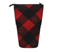 LHBWCVN Plaid Red and Black Cosmetics Bag Standing Pencil Case Telescopic Pencil Bag Portable Pencil Holder Cute Stand up Pencil Pouch for Women Men Travel Coin Pouch Purse