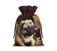 LHBWCVN puppys pug Christmas Drawstring Gift Bags with Tags, Buffalo Plaid Xmas Gift Bags Reusable Gift Wrapping Bag Christmas Fabric Goody Gift Sacks for Party Presents Decorations