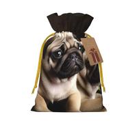 LHBWCVN puppys pug Christmas Drawstring Gift Bags with Tags, Xmas Gift Bags with Yellow Christmas Ribbon, Reusable Gift Wrapping Bag Fabric Goody Gift Sacks for Party Presents Decorations