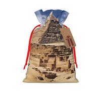LHBWCVN Pyramids of Egypt Christmas Drawstring Gift Bags with Tags, Christmas Gift Bags with Red Ribbon, Reusable Bag for Wrapping Party Favors, Decorations