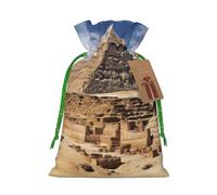 LHBWCVN Pyramids of Egypt Christmas Drawstring Gift Bags with Tags, Xmas Gift Bags with Green Christmas Ribbon, Reusable Gift Wrapping Bag Fabric Goody Gift Sacks for Party Presents Decorations