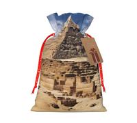 LHBWCVN Pyramids of Egypt Christmas Drawstring Gift Bags with Tags, Xmas Gift Bags with Red Christmas Ribbon, Reusable Gift Wrapping Bag Fabric Goody Gift Sacks for Party Presents Decorations
