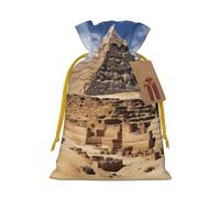 LHBWCVN Pyramids of Egypt Christmas Drawstring Gift Bags with Tags, Xmas Gift Bags with Yellow Christmas Ribbon, Reusable Gift Wrapping Bag Fabric Goody Gift Sacks for Party Presents Decorations