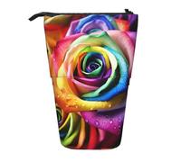 LHBWCVN Rainbow Rose Cosmetics Bag Standing Pencil Case Telescopic Pencil Bag Portable Pencil Holder Cute Stand up Pencil Pouch for Women Men Travel Coin Pouch Purse