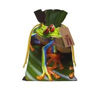 LHBWCVN Red eyed Tree Frog Christmas Drawstring Gift Bags with Tags, Xmas Gift Bags with Yellow Christmas Ribbon, Reusable Gift Wrapping Bag Fabric Goody Gift Sacks for Party Presents Decorations