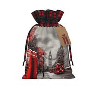 LHBWCVN Red London Street Christmas Drawstring Gift Bags with Tags, Buffalo Plaid Xmas Gift Bags Reusable Gift Wrapping Bag Christmas Fabric Goody Gift Sacks for Party Presents Decorations