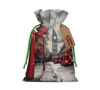 LHBWCVN Red London Street Christmas Drawstring Gift Bags with Tags, Xmas Gift Bags with Green Christmas Ribbon, Reusable Gift Wrapping Bag Fabric Goody Gift Sacks for Party Presents Decorations